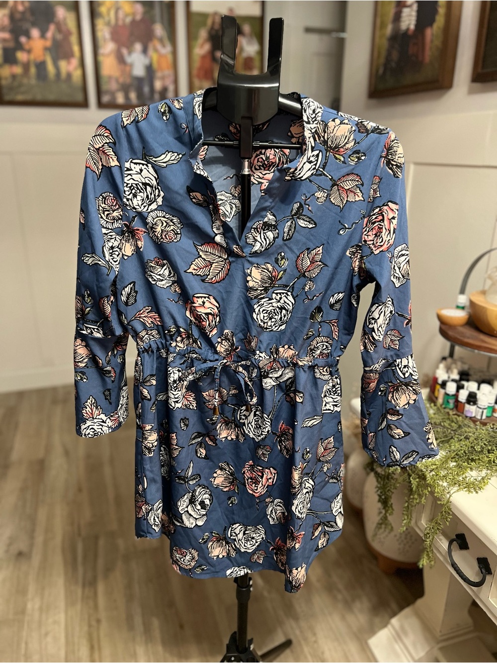 Blush Blue Floral Tie-Waist Tunic Top
